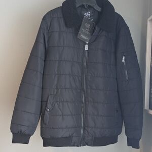 🆕️ Men's Black Silver Stone Puffer Jacket with Fleece Collar Size L NWT